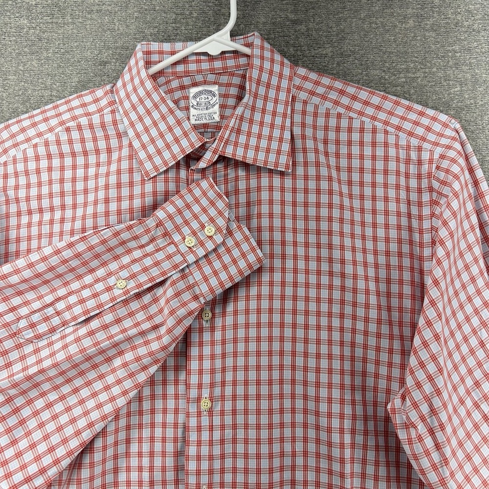 Brooks Brothers Vintage Long Sleeve Shirt Men Size 17-34 Red Check Button Up USA